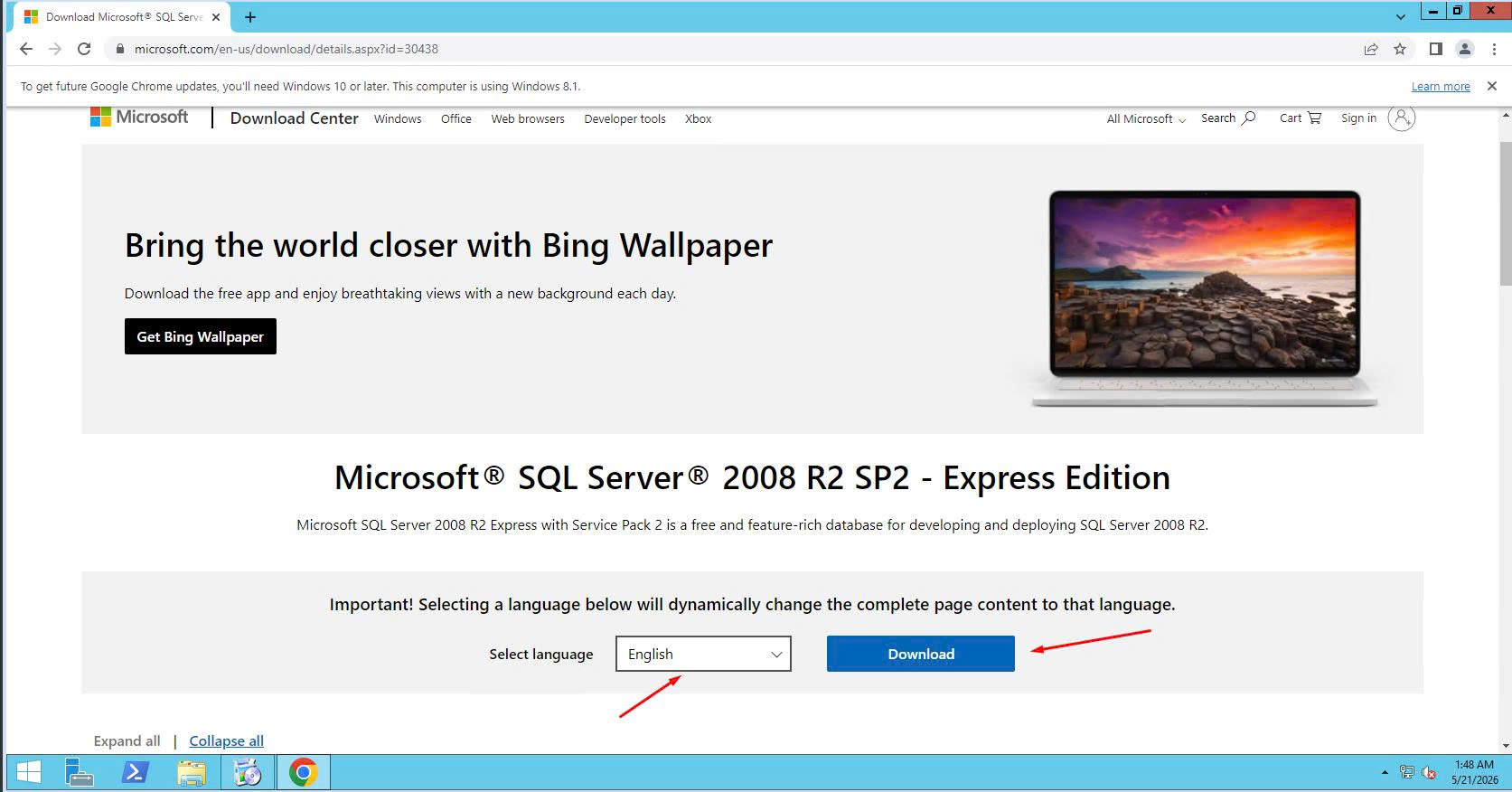 Trang tải SQL Server 2008 R2 SP2 Express Edition từ Microsoft